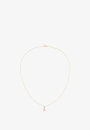 Zelta ķēdīte ar delikātu, kvadrātveida rozā dārgakmens piekariņu. Aprīkota ar aizdari un smalkām ķēdītes posmiņiem, lai nodrošinātu elegantu izskatu.