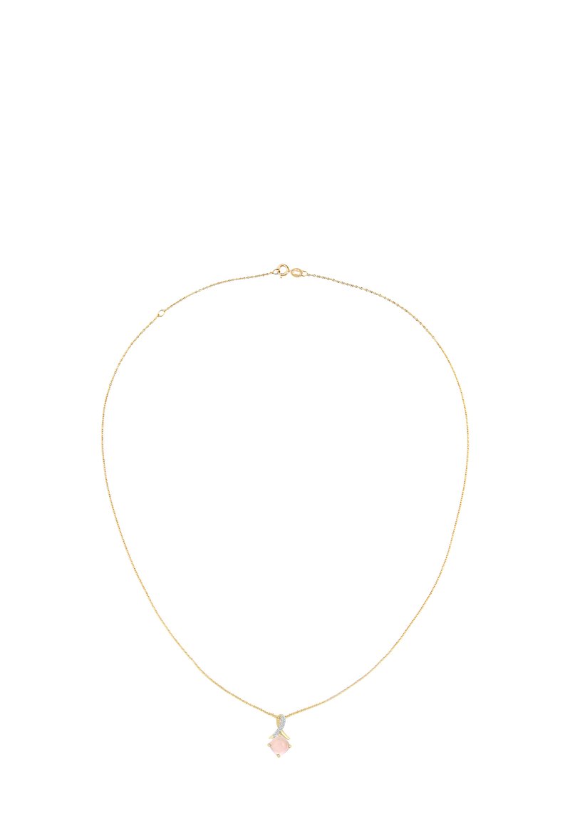 Gul halskæde med en delikat, kvadratisk lyserød stenanheng. Har en kroglås og fine kædeled for et elegant udtryk.