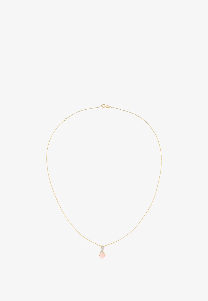 Collana in oro con un delicato pendente quadrato in pietra rosa. Presenta una chiusura a gancio e maglie della catena fini per un tocco elegante.