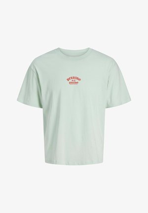 Licht mintgroene katoenen T-shirt met korte mouwen, voorzien van rode tekst "PERDIDO en el PARAÍSO" gecentreerd op de borst.