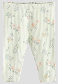 Ribbed, lysegrønne leggings med et blomstermønster i pastelfarver som pink, blå og gul, suppleret med delikate grå accenter.