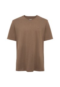 Braunes kurzärmliges T-Shirt aus weichem Stoff mit Rundhalsausschnitt; hat ein kleines Logo auf der Brust. Glatte Textur und lockere Passform.