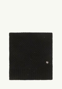 Czarna, dziana szalik o teksturowanym wzorze diamentowym, z prążkowanym brzegiem i małym logo w dolnym rogu.