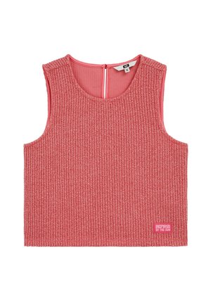 Bezrukávový ružový pletený krátky top s okrúhlym výstrihom, zapínaním na gombíky na zadnej strane a nášivkou s nápisom "INSPIRED BY THE SUN" v dolnej pravej časti.