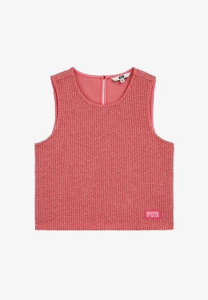 Różowy bezrękawnik dzianinowy crop top z okrągłym dekoltem, zapinany na guziki z tyłu, z naszywką "INSPIRED BY THE SUN" na dole po prawej stronie.