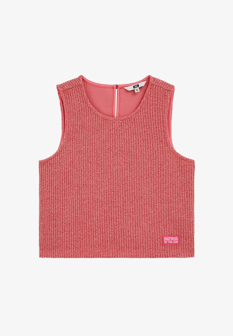 Ujjatlan rózsaszín kötött crop top kerek nyakkivágással, hátul gombos záródással és az alsó jobb sarokban "INSPIRED BY THE SUN" feliratú folttal.