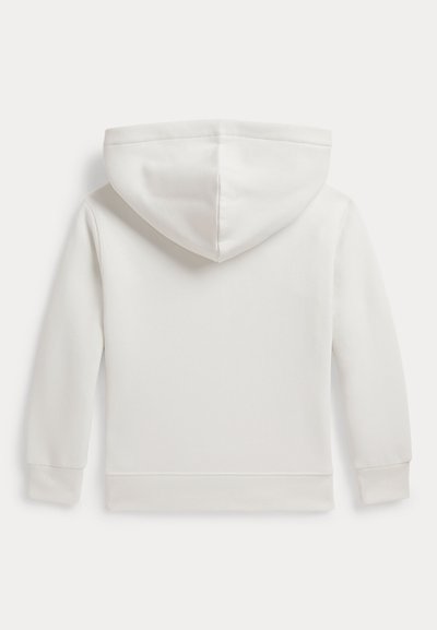 Απλό λευκό φούτερ με κουκούλα και μακριά μανίκια, εμφανιζόμενο από πίσω, με κουκούλα και ριμπ μανσέτες σε λευκό φόντο.