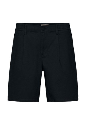 Zwarte knielange korte broek met een knoop- en ritssluiting, elastische taillezijkanten en riemlussen, weergegeven op een witte achtergrond.