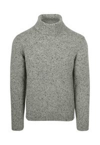 Gray knitted turtleneck sweater with a textured surface, featuring a ribbed collar and cuffs, and a relaxed fit.
