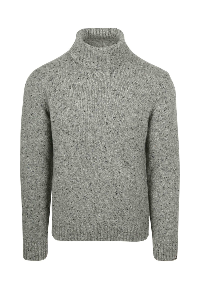 Gray knitted turtleneck sweater with a textured surface, featuring a ribbed collar and cuffs, and a relaxed fit.