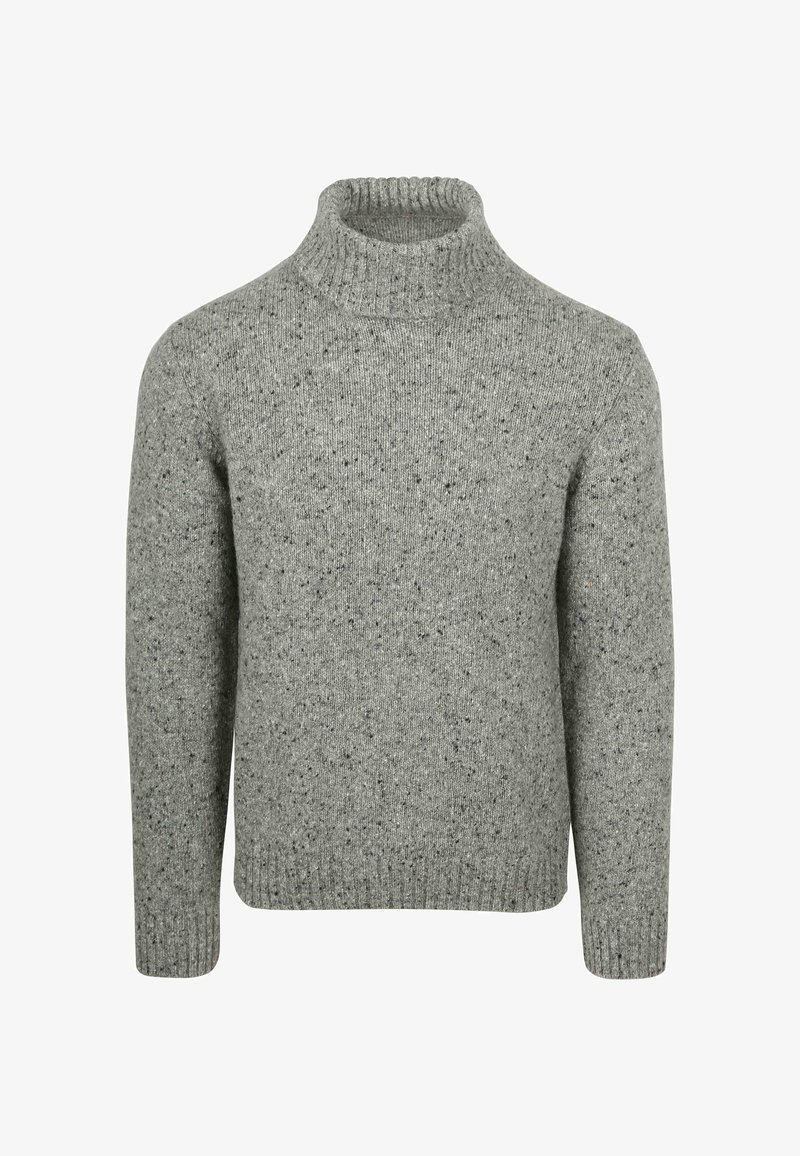 Gray knitted turtleneck sweater with a textured surface, featuring a ribbed collar and cuffs, and a relaxed fit.