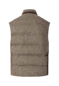 Prsluk s smeškim ribljim kostima u smeškastoj boji, visokog ovratnika, sa quilted teksturom i bez rukava. Ima suptilnu smeškastu naglašenu obrubu duž ovratnika.
