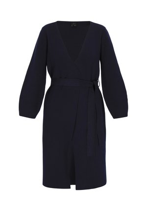 Abito avvolgente blu navy realizzato in tessuto morbido, con scollatura a V profonda, maniche lunghe a palloncino e una cintura annodata in vita con uno spacco laterale.