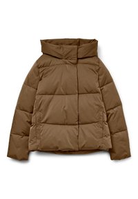 Bruine pufferjas met een hoge kraag, een vierkante vorm, horizontaal doorgestikt patroon en zijzakken. Gemaakt van een gladde, duurzame stof.