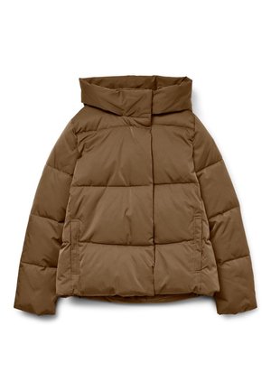 Καφέ μπουφάν puffer με ψηλό γιακά, τετράγωνο σχήμα, οριζόντιο καπιτονέ μοτίβο και πλαϊνές τσέπες. Κατασκευασμένο από απαλό, ανθεκτικό ύφασμα.