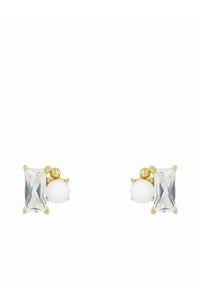 Pendientes de oro en forma de botón que presentan una piedra rectangular clara y una piedra blanca redonda, exhibiendo un diseño elegante con un acabado de alto pulido.