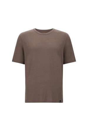 Short-sleeved T-shirt in a muted brown color, made from soft fabric with a crew neckline and a straight cut. Small brand label at the hem.