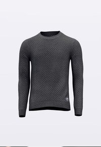 Gray knit sweater with a textured pattern, round neck, and ribbed cuffs. Features a contrasting black hem and a small logo on the bottom left.