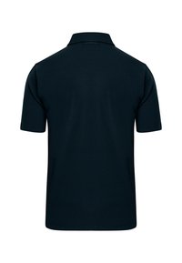 Mörkblå polotröja med klassisk krage, korta ärmar och en slät yta. Baksidan är enkel utan synliga logotyper eller mönster.