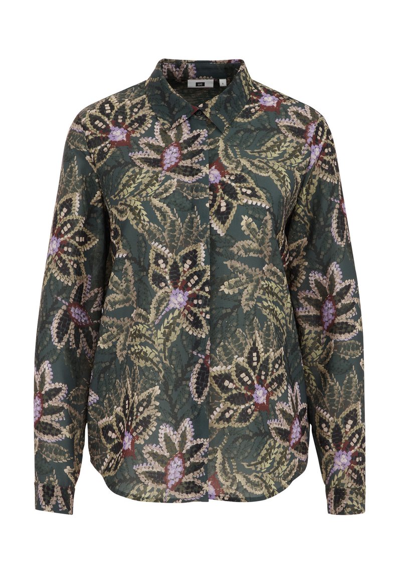 Langarm button-up shirt met een donkergrijze basis en een bloemenpatroon in beige, paars en kastanjebruine tinten.