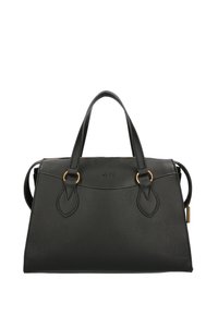 Borsa a tracolla in pelle nera con finitura testurizzata, doppi manici superiori, hardware color oro e un logo discreto sulla parte anteriore.