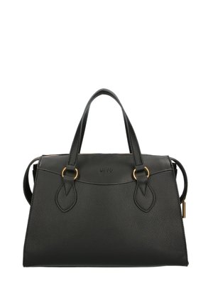 Borsa a tracolla in pelle nera con finitura testurizzata, doppi manici superiori, hardware color oro e un logo discreto sulla parte anteriore.