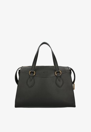 Borsa a tracolla in pelle nera con finitura testurizzata, doppi manici superiori, hardware color oro e un logo discreto sulla parte anteriore.