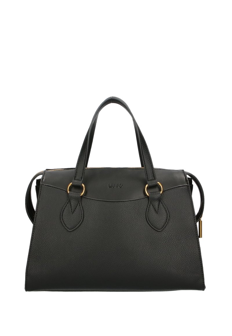 Borsa a tracolla in pelle nera con finitura testurizzata, doppi manici superiori, hardware color oro e un logo discreto sulla parte anteriore.