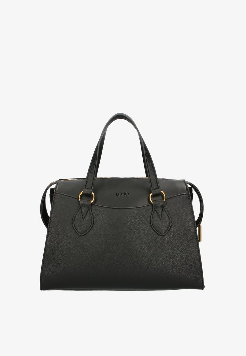 Borsa a tracolla in pelle nera con finitura testurizzata, doppi manici superiori, hardware color oro e un logo discreto sulla parte anteriore.