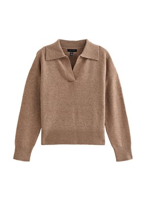 Pull-over brun et confortable avec col, patte courte et ourlet côtelé. Texture douce, coupe décontractée et manches longues.
