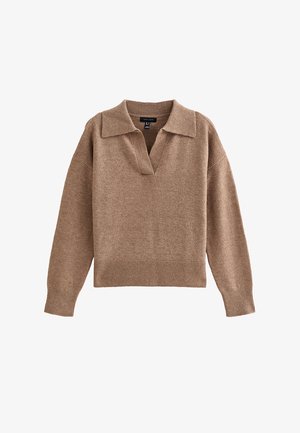 Bruine, gezellige trui met een kraag, korte knoopsluiting en geribbelde zoom. Zachte textuur, comfortabele pasvorm en lange mouwen.