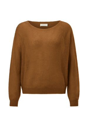 Barna hosszú ujjú, kerek nyakú kötött pulóver bordázott mandzsettával és szegéllyel, fehér háttéren bemutatva.