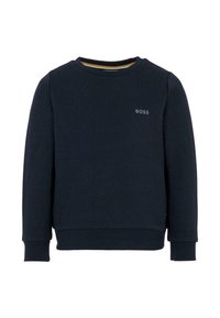 Granatowy sweatshirt wykonany z miękkiej bawełny, posiada okrągły dekolt, długie rękawy, ściągacze przy mankietach oraz małe logo "BOSS" na klatce piersiowej.
