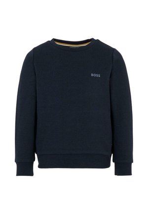 Marineblauwe sweatshirt van zachte katoen, met een ronde hals, lange mouwen, ribgebreide manchetten en een klein 'BOSS' logo op de borst.