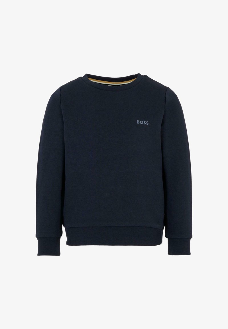 Granatowy sweatshirt wykonany z miękkiej bawełny, posiada okrągły dekolt, długie rękawy, ściągacze przy mankietach oraz małe logo "BOSS" na klatce piersiowej.