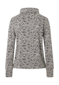 Grauer Pullover mit abstraktem cremefarbenen Muster, ausgestattet mit hohem Kragen und langen Ärmeln, aus weichem Stoff mit strukturiertem Finish.