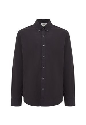 Schwarz, langärmliges Hemd mit Knopfleiste, aus glattem Stoff gefertigt. Verfügt über einen klassischen Kragen, eine vordere Blende und einen abgerundeten Saum. Einfaches Design.