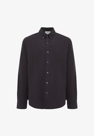 Schwarz, langärmliges Hemd mit Knopfleiste, aus glattem Stoff gefertigt. Verfügt über einen klassischen Kragen, eine vordere Blende und einen abgerundeten Saum. Einfaches Design.