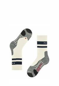 Calzini grigi e crema con design a righe e punta rinforzata, caratterizzati da un motivo testurizzato. I dettagli includono accenti rossi e taglie etichettate.