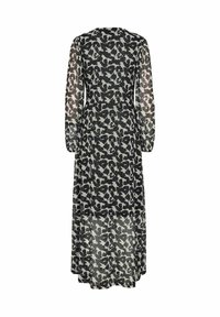 Robe maxi avec de longues manches transparentes, motif abstrait noir et gris clair, tissu fluide et encolure arrondie.