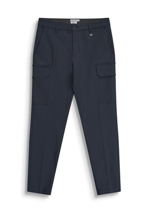 Pantaloni cargo blu navy a gamba dritta con chiusura a bottone e cerniera, passanti per cintura, tasche laterali e tasche con pattina su ciascuna coscia.