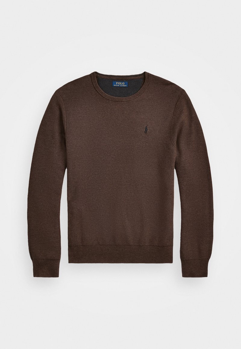 Pull marron à manches longues avec col rond, tricot texturé, poignets et ourlet côtelés, et petit logo Polo Ralph Lauren brodé sur la poitrine.