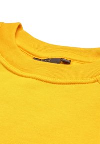 Gelbes Baumwoll-Sweatshirt mit rundem Ausschnitt, geripptem Kragen und weicher Textur. Etikett im Kragen sichtbar.
