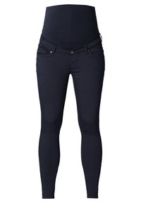 Graviditetsjeans i mörkblått med en bred, elastisk midja, slim-fit ben, bältesslingor, två framfickor och knappstängning.