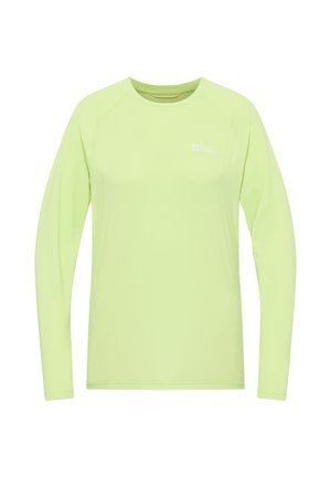 Chemise à manches longues en vert lime lumineux, fabriquée en tissu léger et lisse, dotée d'un col rond et d'un logo discret sur la poitrine.