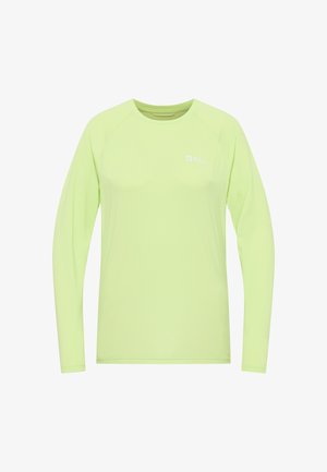 Chemise à manches longues en vert lime lumineux, fabriquée en tissu léger et lisse, dotée d'un col rond et d'un logo discret sur la poitrine.