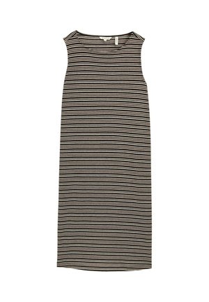 Schwarz-weiß gestreiftes ärmelloses Kleid mit rundem Ausschnitt und geradem Schnitt. Hergestellt aus einem glatten Stoff mit einer weichen Textur.