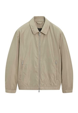 Giacca leggera beige con cerniera frontale completa, due tasche laterali con zip, maniche lunghe e colletto classico.