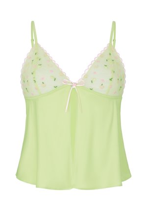 Lichtgroene mouwloze lingerie top met doorschijnende geborduurde cups, roze geschulpte randen en een klein strikje in het midden voor.