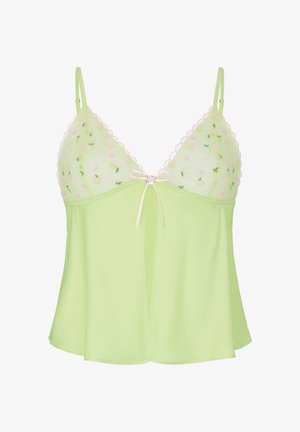 Haut de lingerie sans manches vert clair avec bonnets brodés transparents, bords festonnés roses et petit nœud papillon au centre devant.